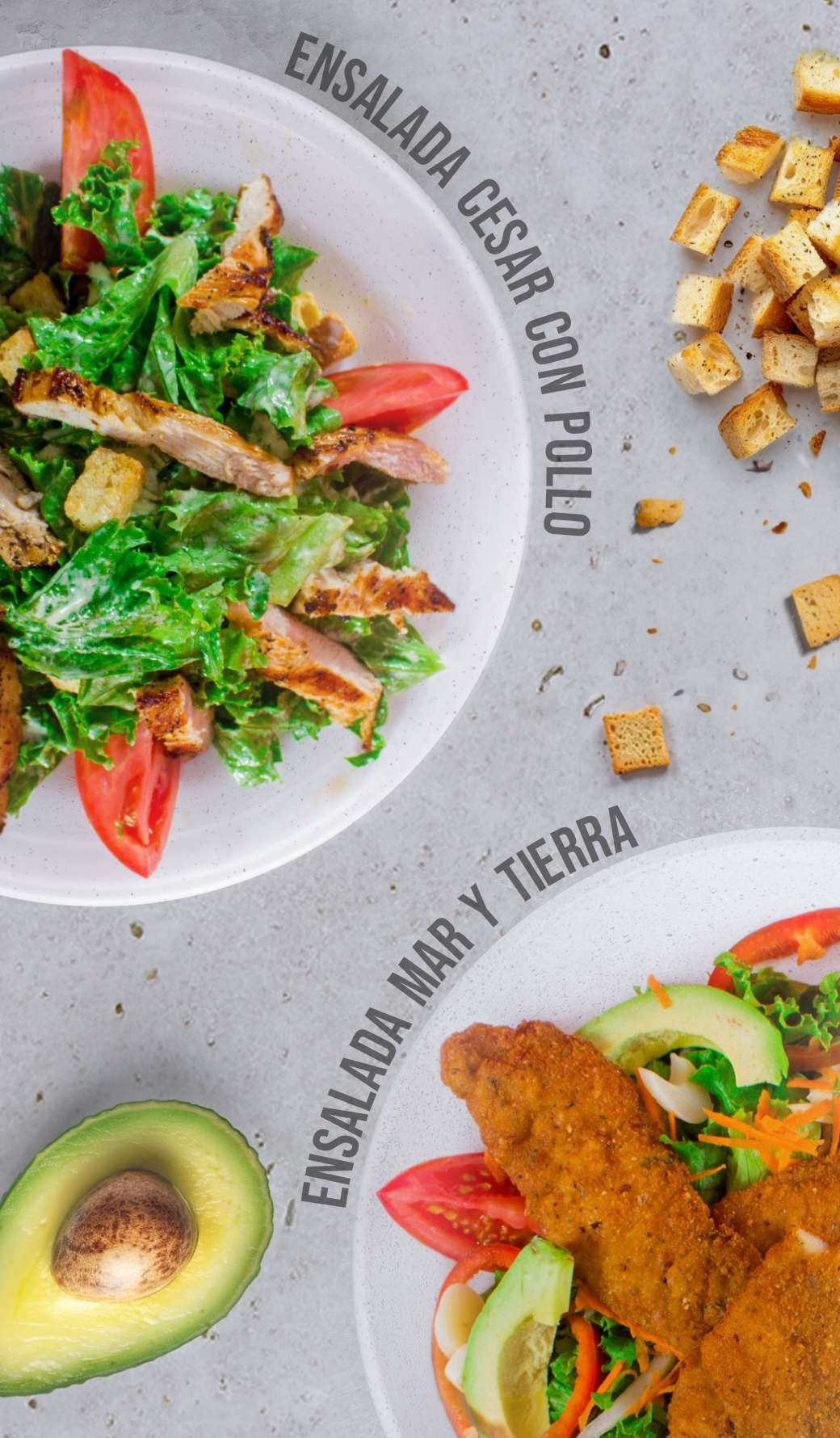 Ensalada César con pollo y ensalada Mar y Tierra